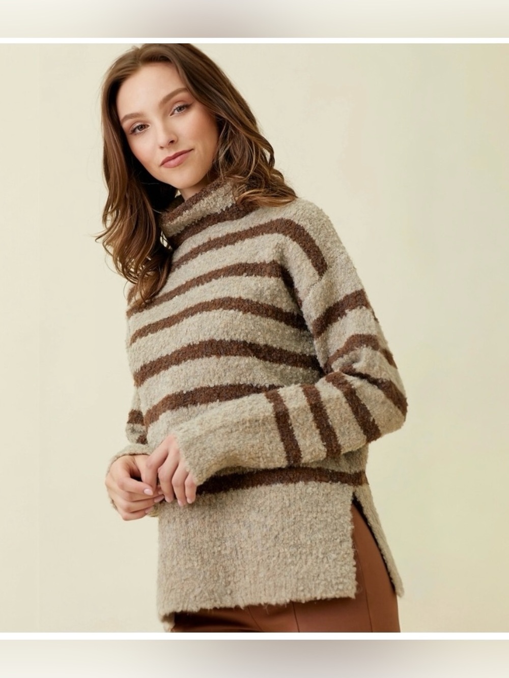 🍄‍🟫Mocha colored Striped Cowl Neck Sweater in Beige and Brown, Size Large🐻